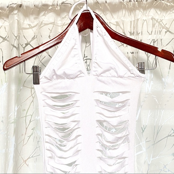 White ripped slit halter v neck mini dress - Picture 2 of 7